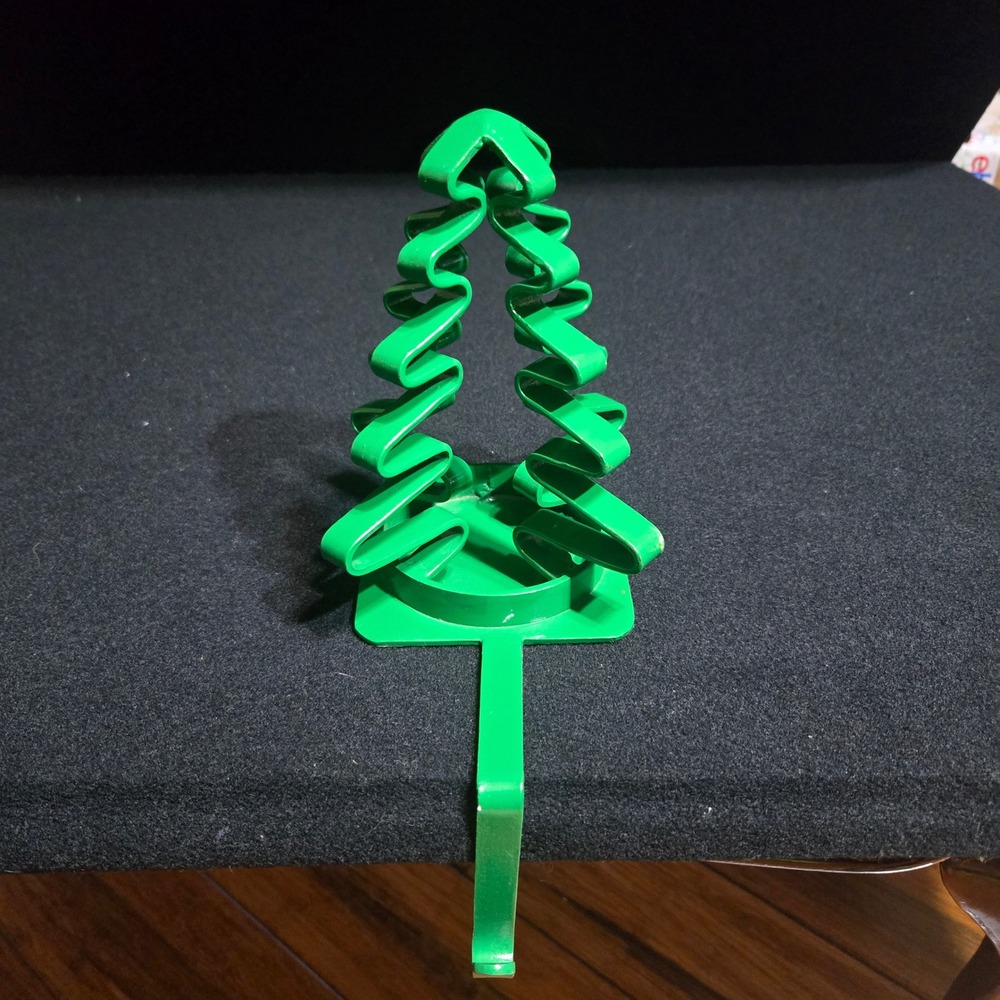 Green Metal Christmas Tree Stocking Holder Mantle Decor Weighted Base 7 Inch